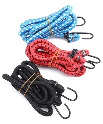 Attachh - Multipurpose Ultra Strong & Flexible Bungee Rope/Luggage Strap/Bungee Cord with 10 MM Diameter and Corner Metal Hooks (Multicolor, Pack of 3) 6feet Each