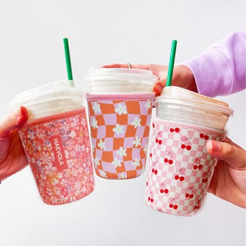 Image of Reusable Insulated Neoprene Iced Coffee Cup Sleeve, Durable Drink Sleeve for Cold Beverages, Beverage Holder for Iced Coffee (Sweet Cherry)