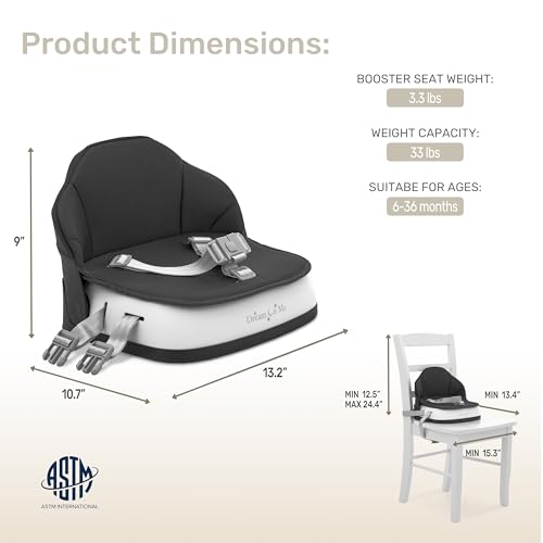 Image of Dream On Me Cozy Pod Baby Booster Seat for 6-36 Months, Portable Travel Booster Chair with 3-Point Safety Harness & 2 Fixing Belts, for Table & Dining, Lightweight Foldable & Easy to Carry - Black