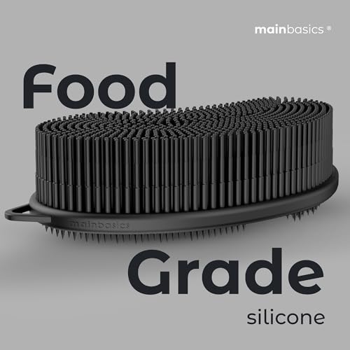 Image of MainBasics Exfoliating Silicone Body Scrubber Pro 2-in-1 Shower Scrubber for Body, Silicone Loofah and Body Exfoliator (Black, Body + Exfoliate)