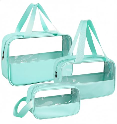 Image of KBS Toiletry Kit Cosmetic Makeup Storage Organizer Clear Styilish Wash Bag Pouch Set of 3 for Travel Luggage Transparent with Metal Zipper Gift for Men Women Girls (Cyan)
