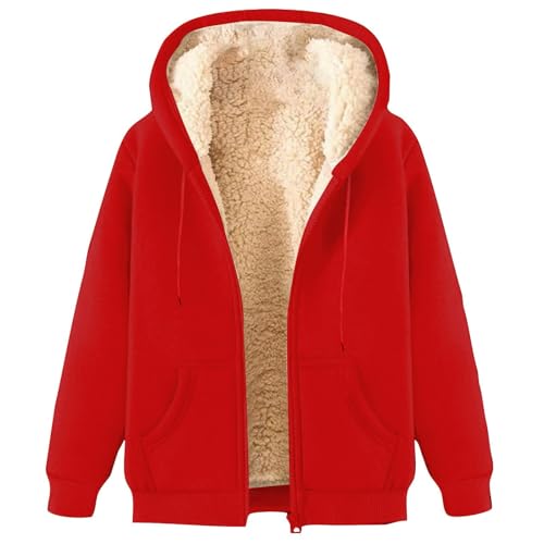 Zip Up Hoodie Men Warm Sherpa Fleece Lined Fall Winter Hooded Sweat Jackets Casual Cozy Fuzzy Wool Coats with Pockets Red Chaqueta Para El Frío Hombre L