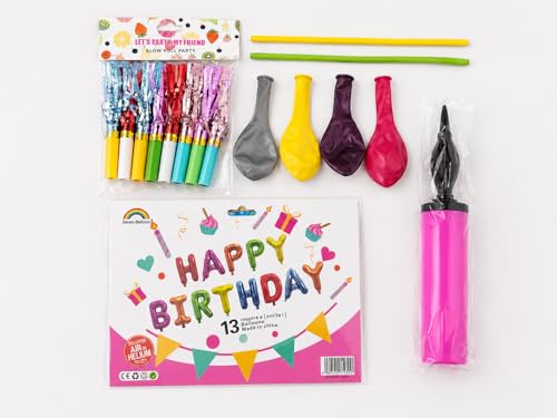 28 Parça Happy Bırthday Parti Seti – Renkli Folyo Harf Balon, Balon Şişirme Pompası, Kaynana Dili ve Balonlu Doğum Günü Süsleme Seti