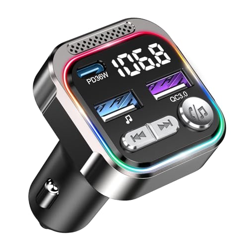 ORIA Transmisor FM Bluetooth 5.3, 66W Adaptador Bluetooth para Automóvil, PD 36W + QC3.0 18W, Llamadas Manos Libres, Sincronización de Música, Luz de Respiración, Compatible con Disco USB