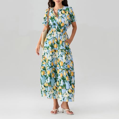 Image of Women Summer Boho Maxi Dress Smocked Waist V-Neck Short Sleeve Tiered Flowy Dresses Beach Sundress Clubwear (A-01, L)