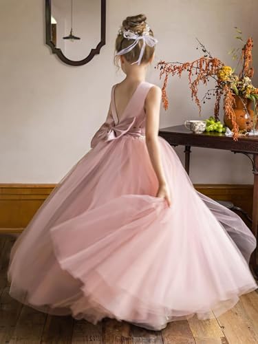 MCieloLuna Flower Girls Satin Tulle Princess Pageant Dress for Wedding Kids Pearls Prom Ball Gowns with Bow-Knot4