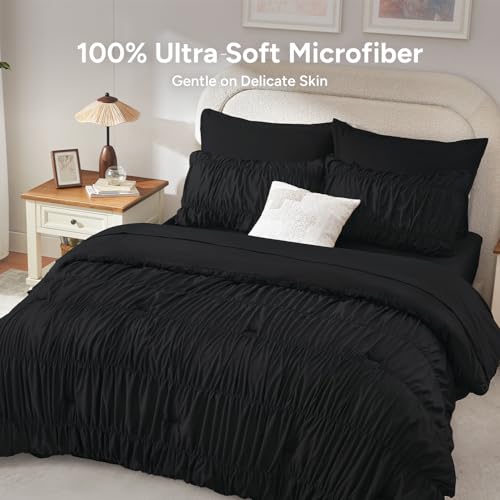 Image of Andency Ruched Queen Comforter Set Black, 7 Pieces Ruffle Bed in a Bag, Shabby Chic Pleat Bedding Set with Comforter, Sheets, Pillowcase & Sham, Lightweight, Soft, All Season