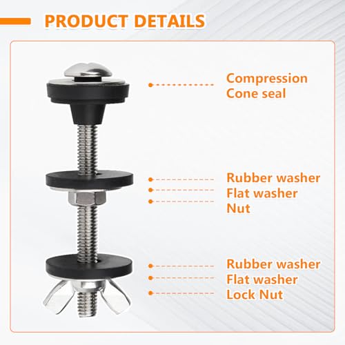 HUAREW Universal Toilet Tank to Bowl Bolt Kit, Heavy Duty Bolts Toilet, with Waterproof Stainless and Rubber Washers Gasket, Set for Toilet Mounting and Repair(Pack of 2)