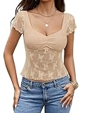 Avidlove Women Mesh Sheer Sexy Top Square Neck Camisole Lingerie Short Sleeve Tank Khaki
