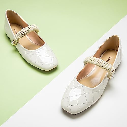 C.Paravano Mary Jane Flats for Women | Square Toe Ballet Flats with Pearl Strap | Comfortable Dress Shoes for Work, Wedding, Party & Daily Wear(Size 8.5,White_a)2