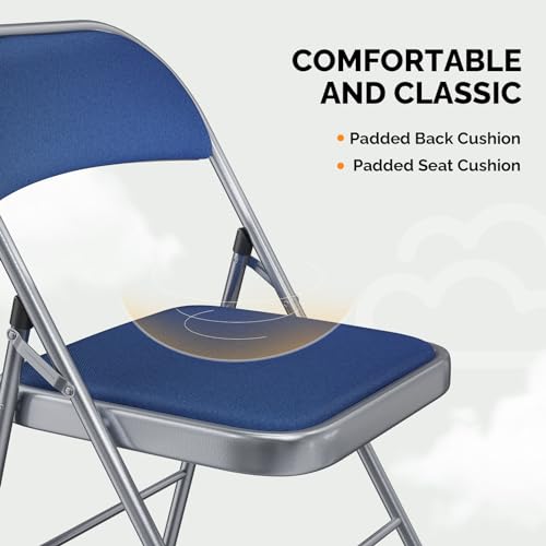 Image of VINGLI 4 Pack Folding Chairs with Padded Seats, Metal Frame with Fabric Seat & Back, Capacity 350 lbs, Blue, Set of 4