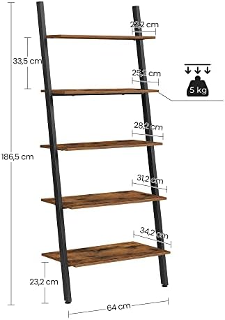 VASAGLE Industrial Ladder Shelf, 5-Tier Bookshelf Rack, Wall Shelf for Living Room, Kitchen, Office, Stable Steel, Leaning Against the Wall, Rustic Brown and Black LLS46BX