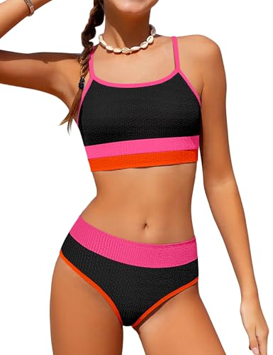 Image of Girls Bathing Suit Color-Block Adjustable Straps Bikini Sets Girls Two Piece Swimsuits with Chest Pad Swimwear 7-18T