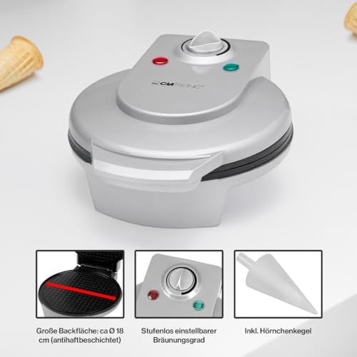 Foto von Clatronic® Hörnchenautomat für hauchdünne Waffeln | ideal für Eis-Waffelhörnchen | Backfläche Ø 18 cm | inklusive Hörnchenkegel | antihaftbeschichtet | regelbarer Bräunungsgrad | 1200 Watt | HA 3494