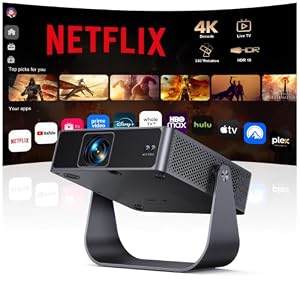 Mini Beamer 4K【jetzt mit Netflix/Live TV/330° Drehbar】 Smart Beamer mit Autofokus/6D Trapezkorrektur, Mini Projector 4K 1080P Full HD WiFi6 & Bluetooth Heimkino/Outdoor Klein Projektor für Handy