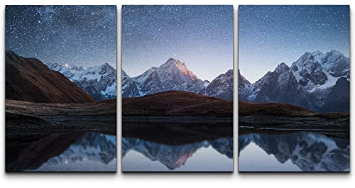 wall26 - 3 Piece Canvas Wall Art - Night Sky with Stars and The Milky Way Over a Mountain Lake - Modern Home Art Stretched and Framed Ready to Hang - 24