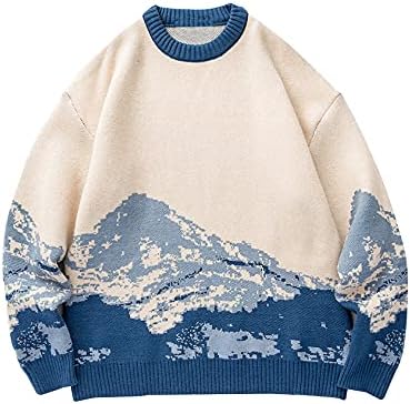 Yimoon Men's Cow Graphic Sweaters Oversize Cable Knitted Pullover Jumper(Blue-S)