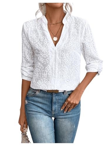 SweatyRocks Women's Notched V Neck Roll Up Sleeve Button Down Eyelet Blouses Tops