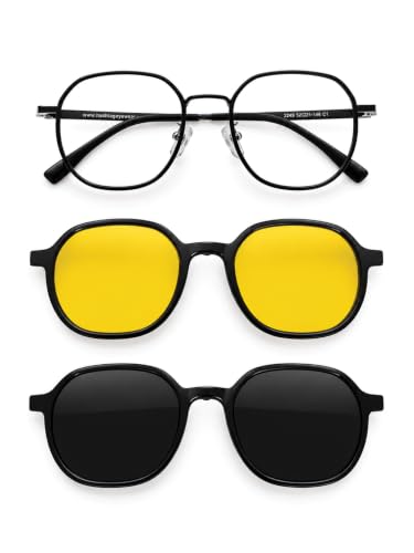 Image of HASHTAG EYEWEAR 3-in-1 Magnetic Clip-On Polarized Sunglasses for Men | Spectacle Frame with UV400 Protection | Day & Night Magnetic Glasses | Clip-On Eyewear for Men