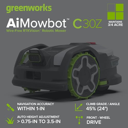 Image of Greenworks C30Z Wire-Free Robotic Lawn Mower, up to 3 /4 Acre, RTKVision Navigation, 24-Degree Slope Climbing, Smart Obstacle Avoidance, App Control with Electric Height Adjustment