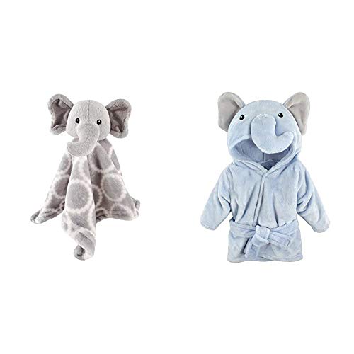 Hudson Baby Unisex Baby Animal Face Security Blanket, Elephant, One Size and Hudson Baby Unisex Baby Plush Animal Face Robe, Blue Elephant, One Size, 0-9 Months