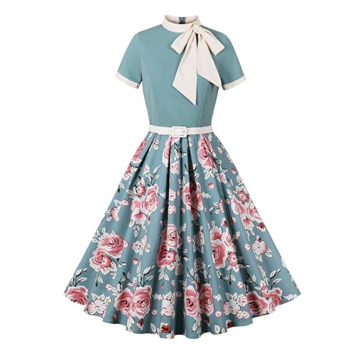 Damen 1950er Vintage Floral Cocktail Swing Kleid 50er Jahre Kurzarm Audrey Hepburn Rockabilly Ballkleid A Linie Tee Party Kleid, Grün , Groß