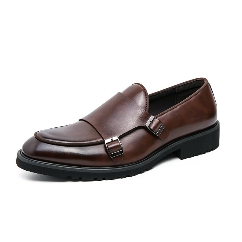 Men's Classic Dress Leather Shoes, Double Monk Buckles, Slip-On Leather Loafers, Fit, Business, Dress, Driving, Comfortable Casual