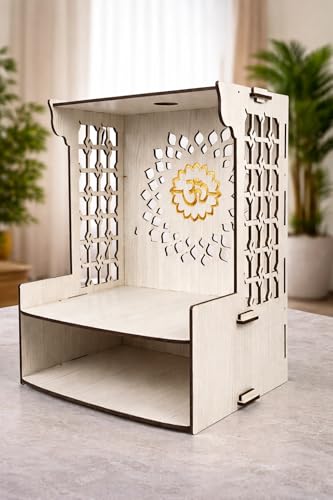 Image of Beautiful White Wooden Pooja Stand for Home, Temple, Office, Wall Mounted Puja Mandir with LED Spot Light Size (L- 29 CM, W- 25 CM, H - 37.5 CM)