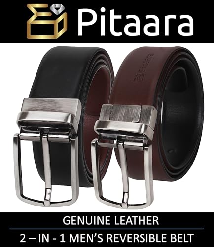 Pitaara Genuine Leather Reversible Belt For Men, Plain Pattern (Black/Brown)2