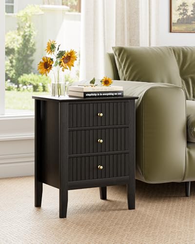 Image of Fluted Nightstand, Farmhouse Night Stand with 3 Drawers, Mid Century Modern Side Accent Table,Bedside End Table for Bedroom, Living Room, Black