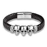 HAQUIL Mens Leather Bracelets Layered Leather Wristbands Cuffs Stainless Steel Clasp Boho Style Valentine Birthday Anniversary Christmas Gifts for Men (08 Triple Skull)
