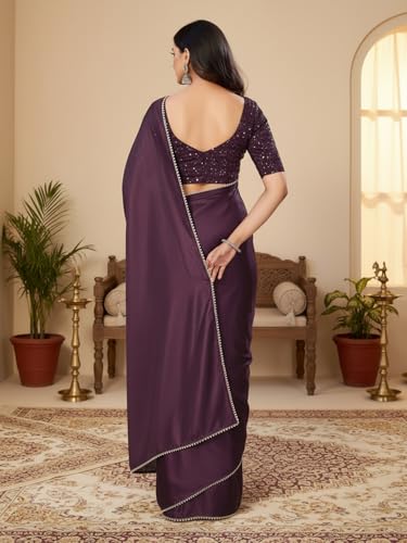 Image of FABIAN FASHION Women's Plain Japan Satin Silk Saree with Pearl Lace Border, Includes Unstitched Matching Blouse Piece - Elegant Saree(AVN 1694)