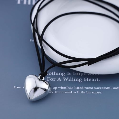 Aneneiceera Vintage Geschichtet Leder Herz Choker Halskette Schwarzer Samt Silber Puffy Herz Anhänger Halskette Lange Wildleder Binden Bis Choker Schmuck Für Frauen Mädchen