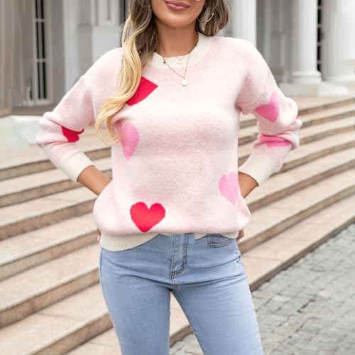 Image of Women's Cute Heart Sweater Love Print Valentine Romantic Knitted Top Casual Crewneck Long Sleeve Sweaters Pullover
