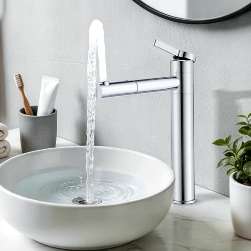 HOMELODY Robinet de lavabo haut chromé avec bec rotatif à 360° et corps – Robinet de salle de bain en acier inoxydable avec hauteur d'écoulement de 215...