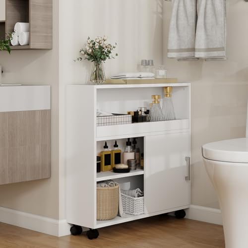Narrow Slim Bathroom Organizer Storage Cabinet with Sliding Door and Adjustable Shelf for Small Spaces, White