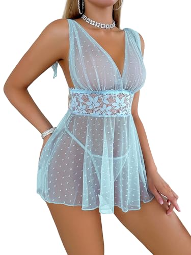 Image of Lilosy Sexy Polka Dots Mesh Sheer Lace Babydoll Chemise Lingerie Set Floral Sleep Wear