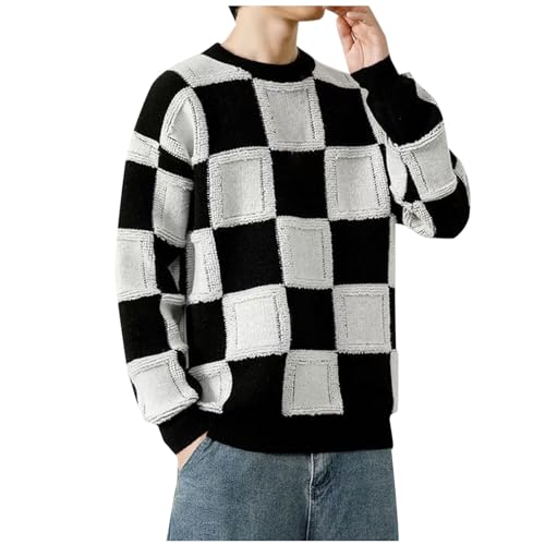 Cambkatl Men's Pullover Crewneck Checkerboard Sweaters, Loose Long Sleeve Casual Knitted Color Block Sweater Tops