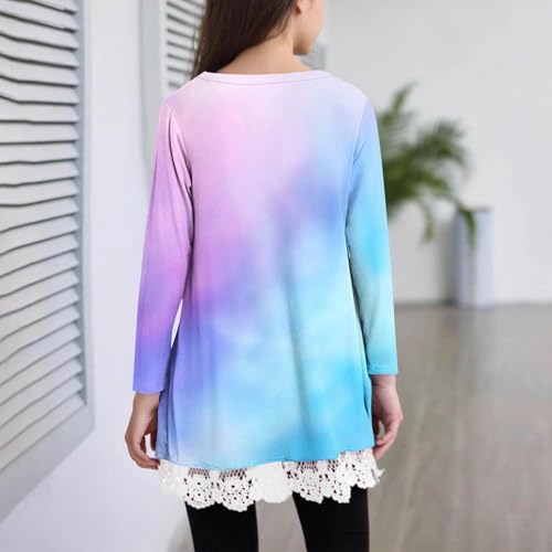 Girls Cute Tops Loose Fit Long Sleeve Iregular Lace Trim Boho Blouses Fall Fashion Casual Crewneck Tunics Size 10-123