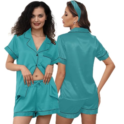 Image of 3Pcs Silk Pajamas XS-4XL Womens Satin Pajama Short Floral Sleepwear Bride Soft Pj Lounge Sets Pjs Shorts Set