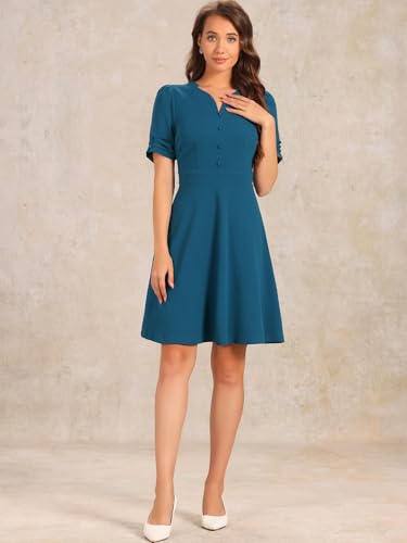 Image of Allegra K Formal Work Dress for Women's Puffy Sleeve A-Line V Neck Office Dresses