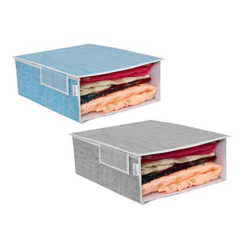 Image of PRETTY KRAFTS Stackable Fabric Saree Storage Organizer for wardrobe, Clear front window with Lid, Stackable organizers, Perfect to organize sarees in a wardrobe, Set of 2, Jute Blue Grey
