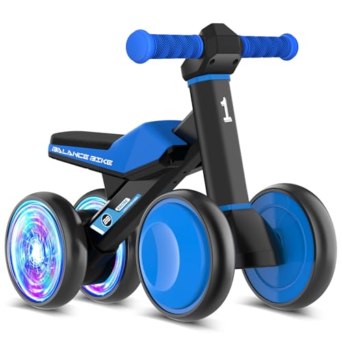 ESPRAY Colorful Lighting Baby Balance Bike Toys for 1 Year Old Boys Gifts, Toddler First Bike 12-24 Months with Adjustable Soft Seat, 4 Silent Wheels Ride on Toy, Perfect First Birthday Gift