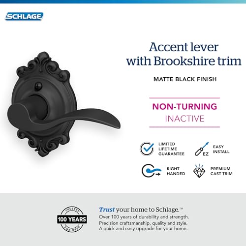 Image of SCHLAGE Accent Lever with Brookshire Trim Non-Turning Lock in Matte Black - Right Handed