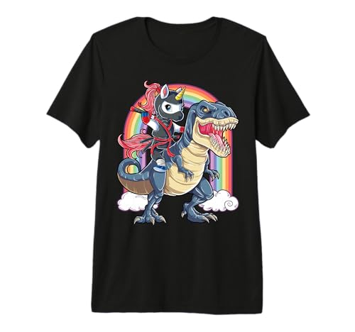 Ninja Unicorn Riding Dinosaur T Rex Funny Men Women Rainbow Premium T-Shirt