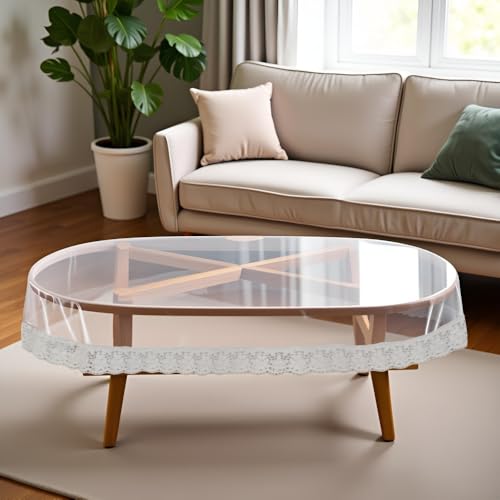 Image of The Furnishing Tree Oval Shaped Transparent Center Table Cover WxL 45x70 inches 0.25 mm Thickness with White Lace