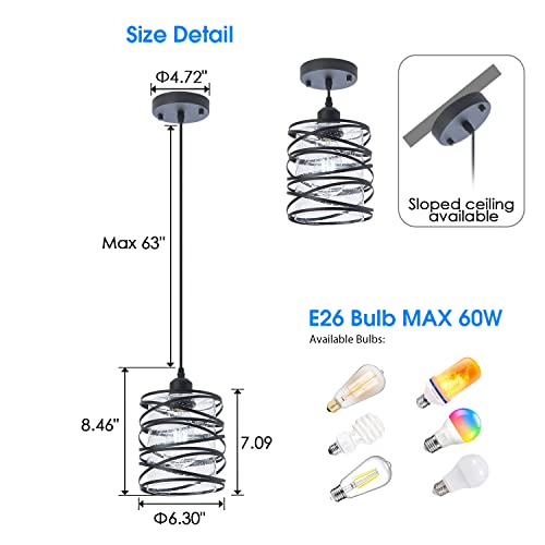 Fisgoni Modern Mini Pendant Light Fixture Kitchen Island Pendant Lighting 6.30''Matte Black Spiral Cage Handblown Clear Seeded Glass Shade Hanging Lamp Adjustable Cord For Dining Room 1-Pack,E26 #TOP5
