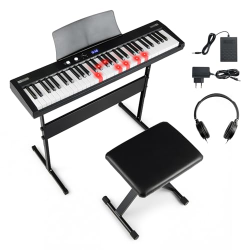COSTWAY Piano Numérique 61 Touches avec Tabouret et Support Réglable, Clavier Piano Taille Complète avec Casque, Pupitre, Pédale de Sustain, Fonction MIDI, 128 Sons 128 Rythmes pour Débutants