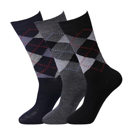 COSHAL® 3 Pairs Men's Bigfoot Diabetic Socks wide top soft cuff Ankle Non-Elastic Grip Oedema friendly Swollen feet Non-Binding Circulatory Sock UK Size Argyle (11-14)