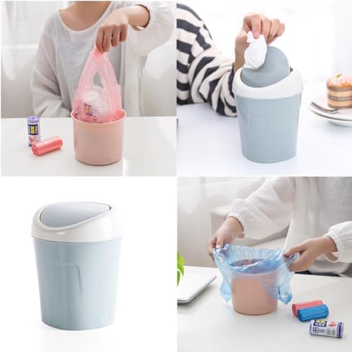 Image of Plastic Mini Desktop Trash Can with Trash Bags, Tiny Wastebasket Small Garbage Waste Bin with Swing Lid for Tabletop Table Office Kitchen Bedroom Bathroom (Blue)